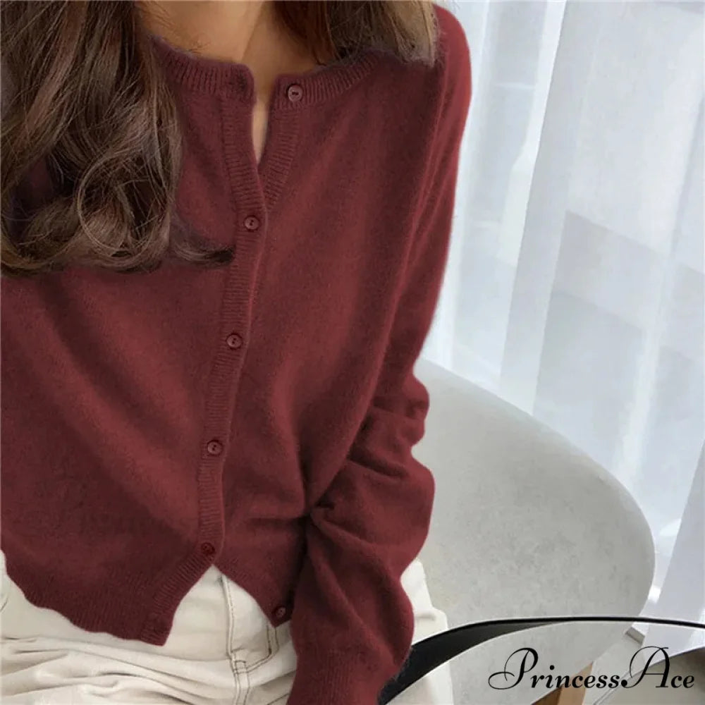 Single Breasted Solid Round Neck Knitted Cardigan Modified Title: One Buttoned Plain Circular Neck Knitted Cardigan