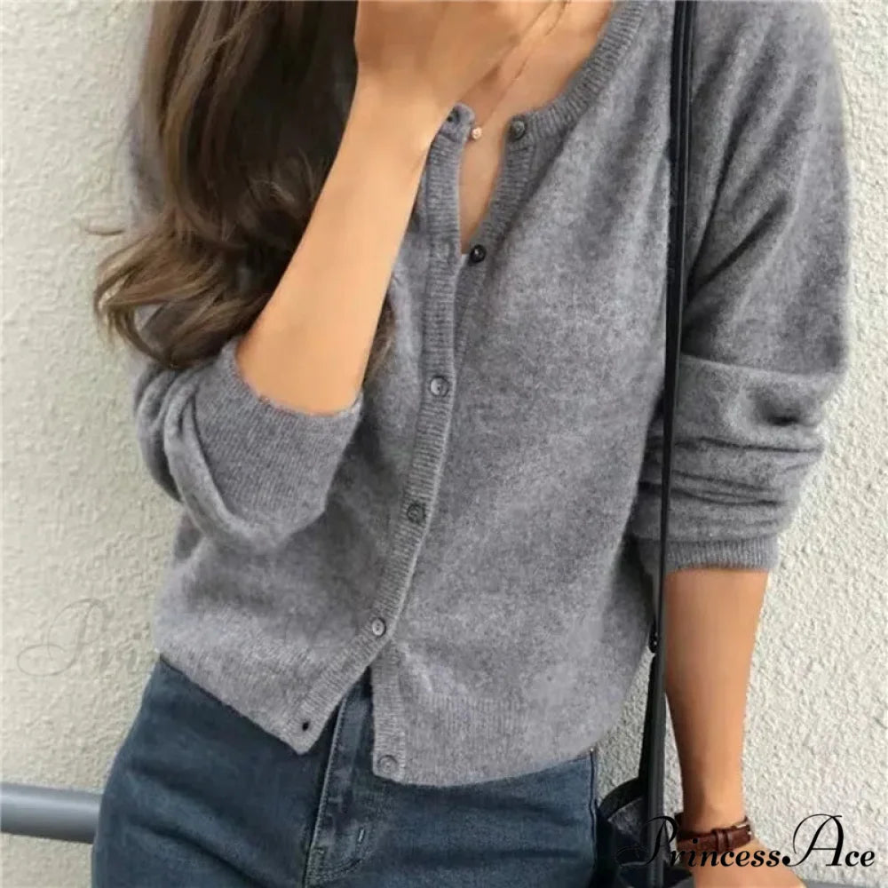 Single Breasted Solid Round Neck Knitted Cardigan Modified Title: One Buttoned Plain Circular Neck Knitted Cardigan