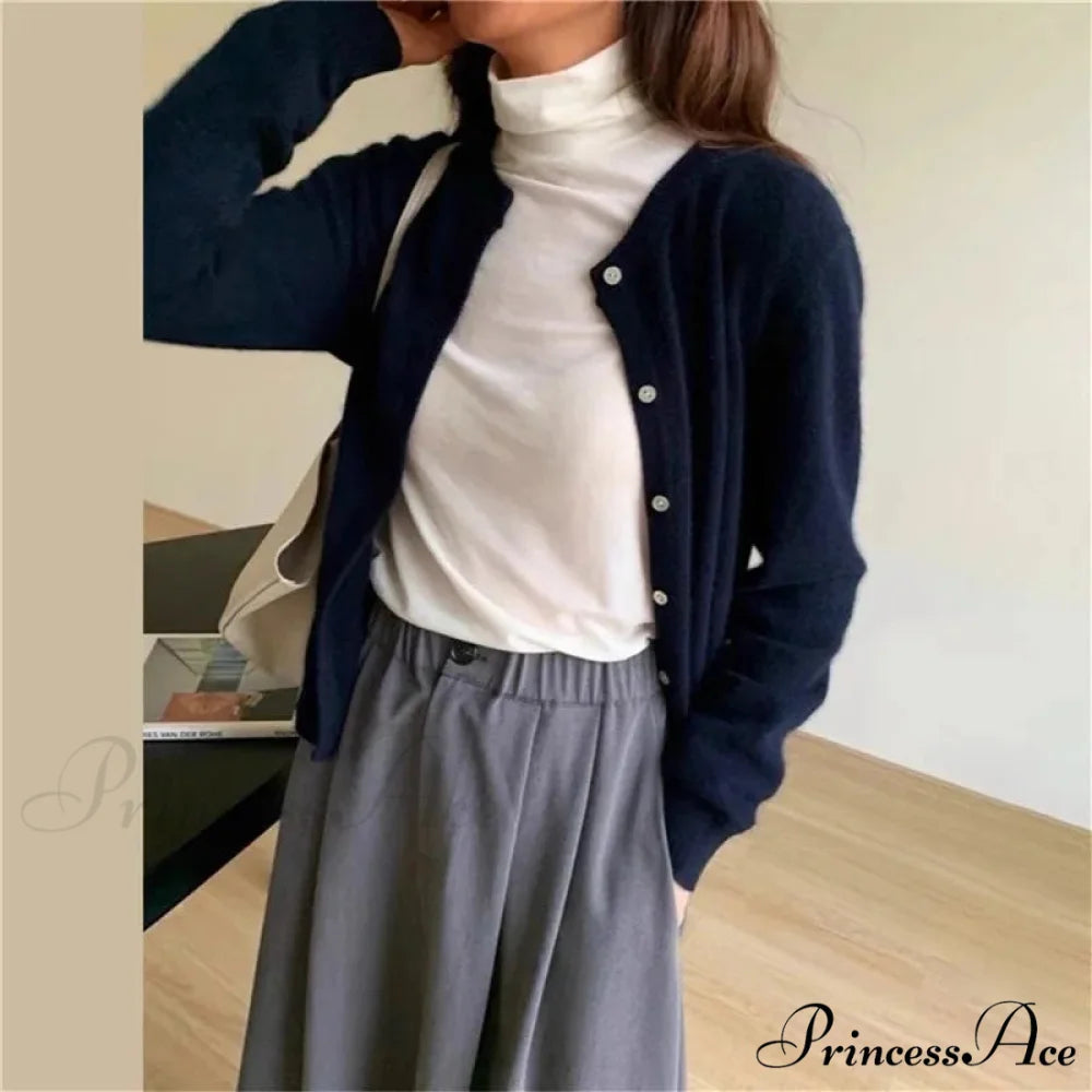 Single Breasted Solid Round Neck Knitted Cardigan Modified Title: One Buttoned Plain Circular Neck Knitted Cardigan