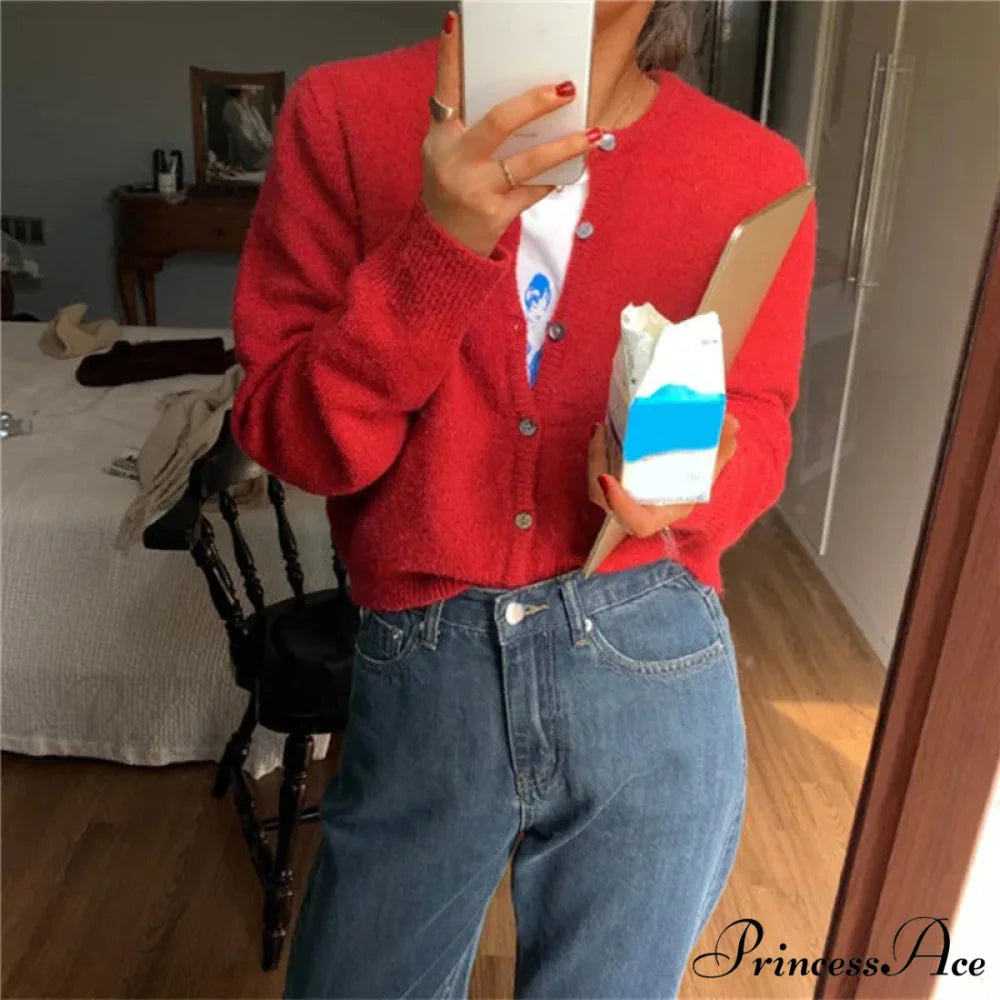 Single Breasted Solid Round Neck Knitted Cardigan Modified Title: One Buttoned Plain Circular Neck Knitted Cardigan Red