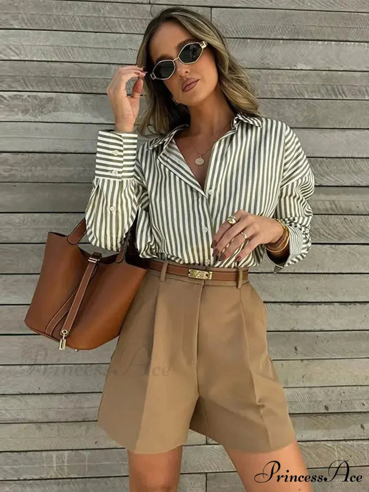 Single Breasted Stripe Full Sleeve Loose Informal Blouse blouse-250126