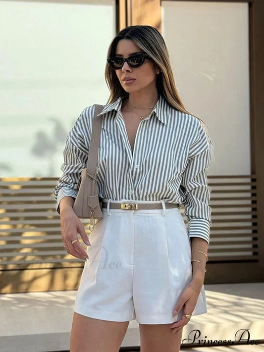 Single Breasted Stripe Full Sleeve Loose Informal Blouse Blue stripe / XS blouse-250126