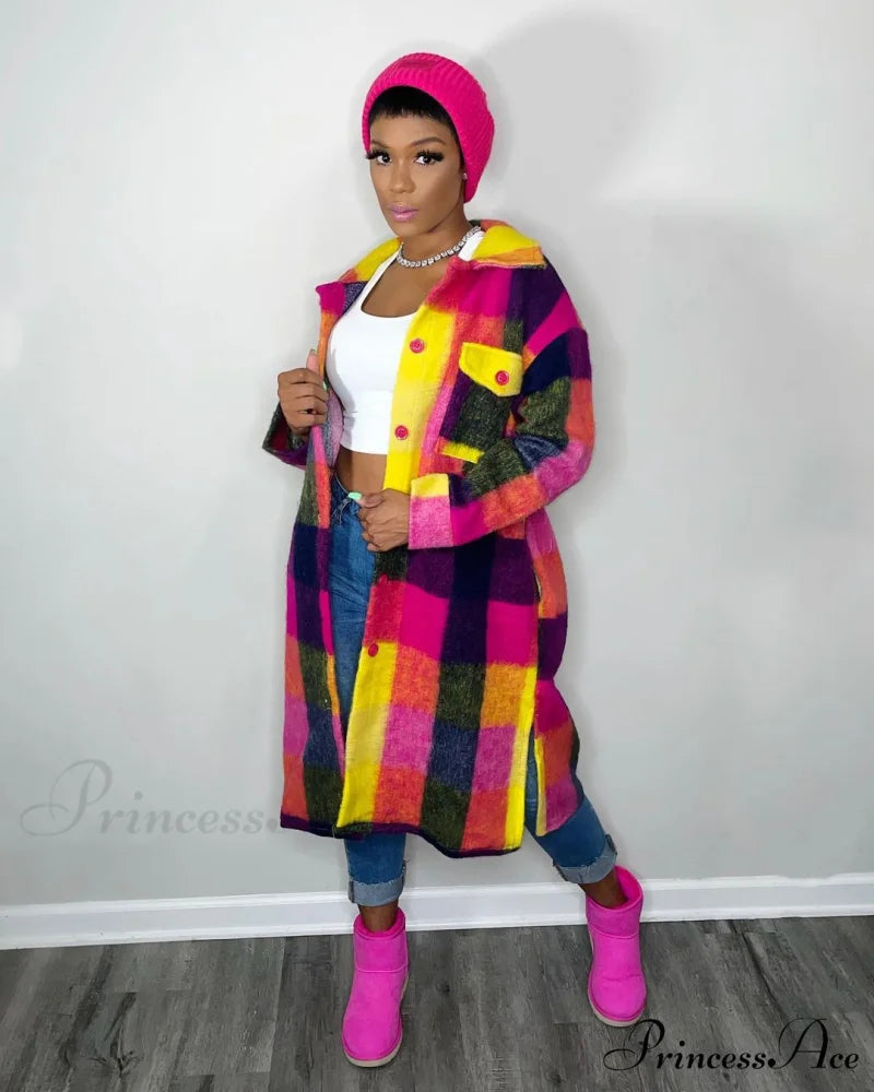 Single for Turn-down Breasted Outcoat Neck Long Arm Wool Blend Plaid Women