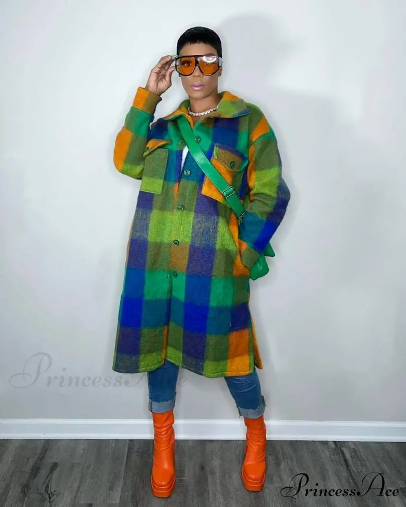 Single for Turn-down Breasted Outcoat Neck Long Arm Wool Blend Plaid Women green / S