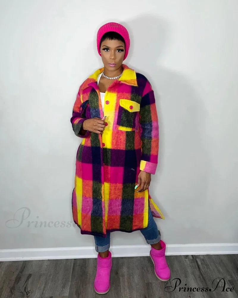 Single for Turn-down Breasted Outcoat Neck Long Arm Wool Blend Plaid Women rose / S
