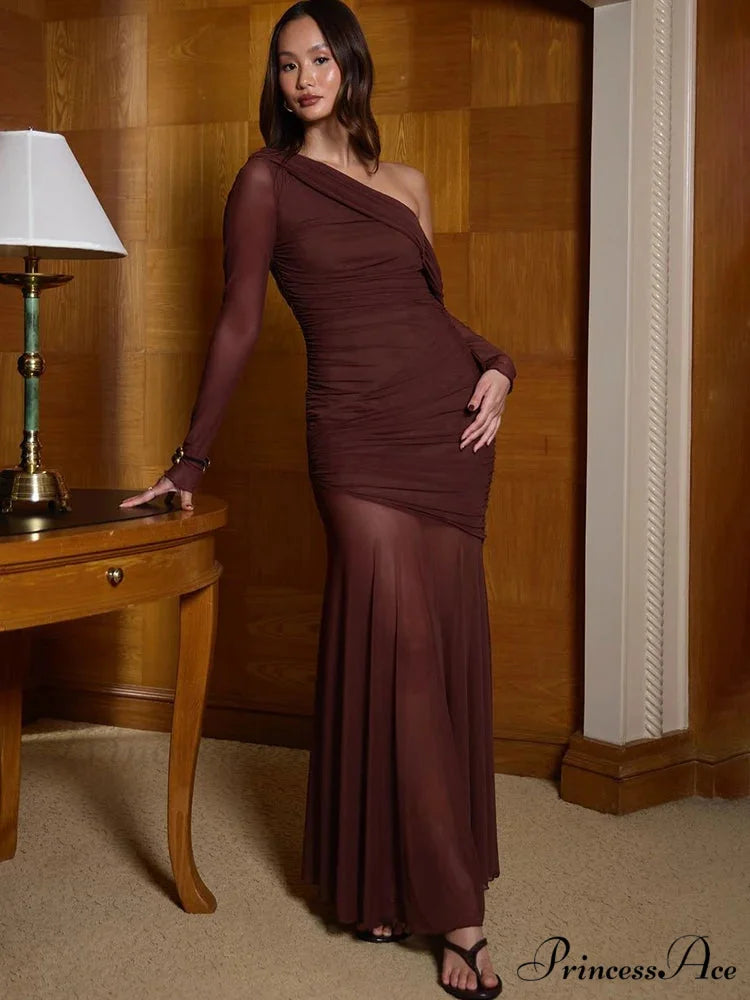 Single Shoulder Net Maxi Holiday Dress Coffee / S vacationdress-250223