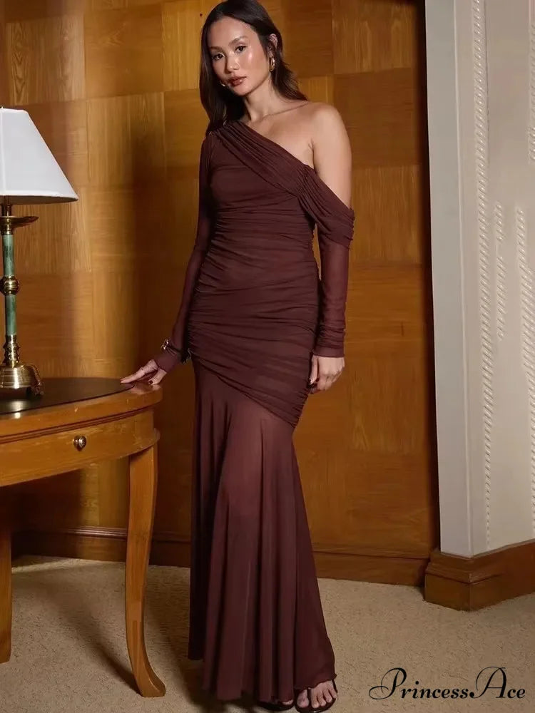 Single Shoulder Net Maxi Holiday Dress vacationdress-250223