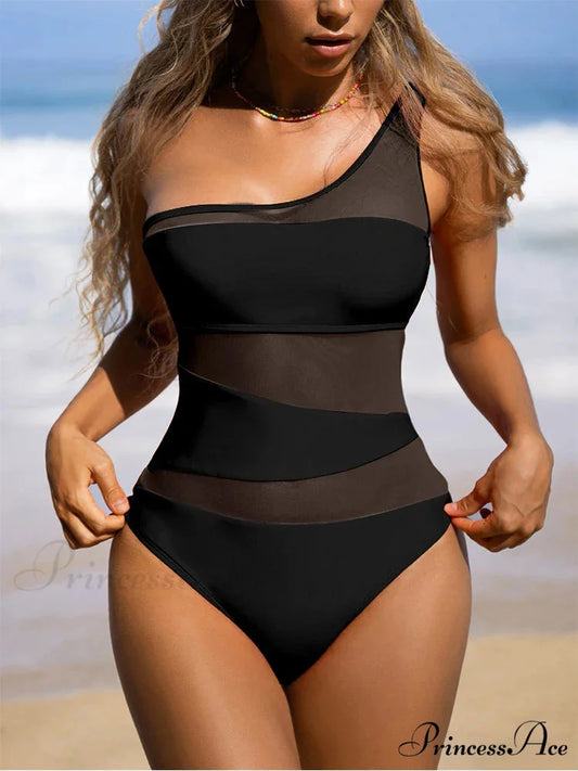 Single Shoulder Net Monokini Swimsuit Single Piece BLACK / S onepiece-250223