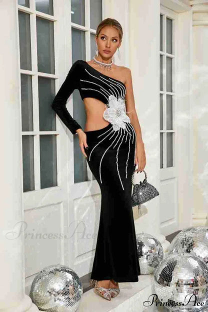 Single Shoulder Pearl Decorated Sophisticated Prom Gown BLACK / XS promdress-250223