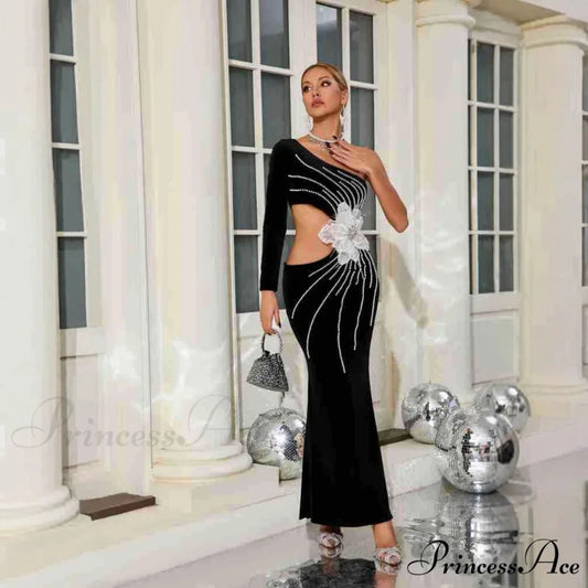 Single Shoulder Pearl Decorated Sophisticated Prom Gown promdress-250223
