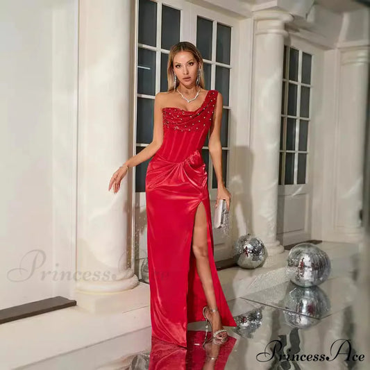 Single Shoulder Pleated Sophisticated Gathered Celebration Prom Dress promdress-250223