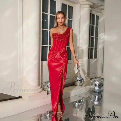 Single Shoulder Pleated Sophisticated Gathered Celebration Prom Dress promdress-250223