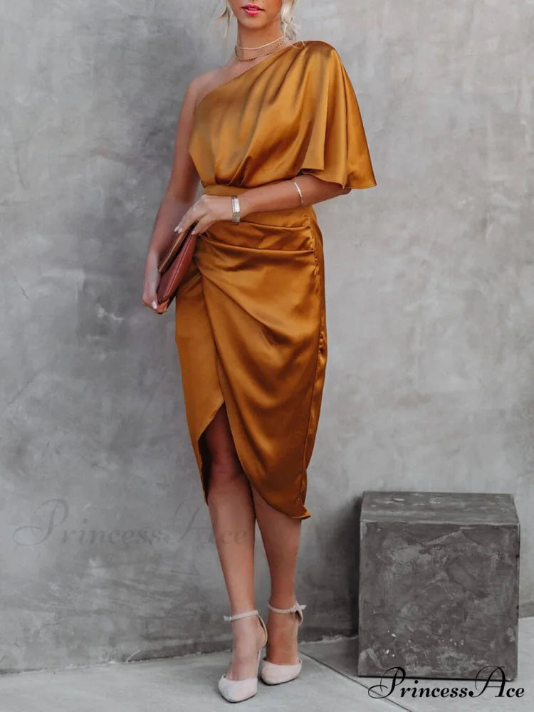 Single Sleeve Stylish Irregular Evening Dress Orange / S