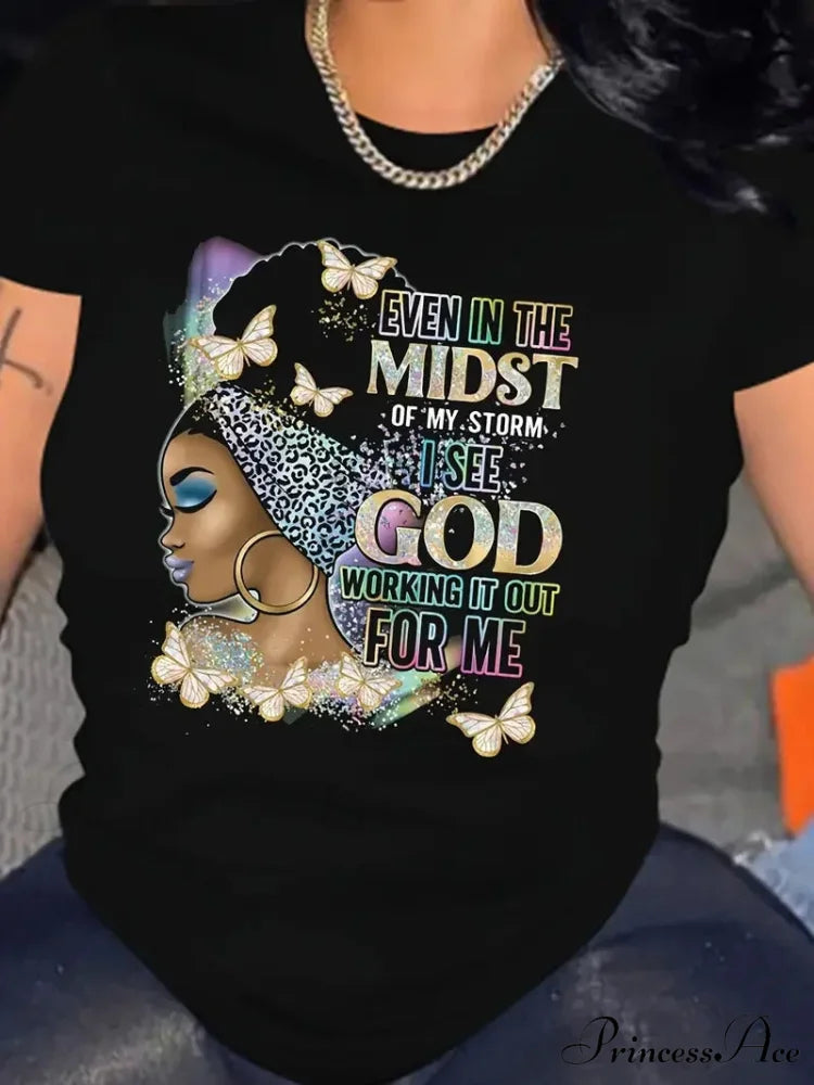 Size Cartoon Portrait & Letter Casual Spring & Summer Women’s Clothing Short Sleeve T-shirt BLACK / L