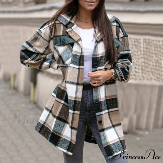 Size Color Block Plaid Chic Stylish Elegant Fashionable Versatile Button Down Long Sleeve Pockets Winter Jacket Black