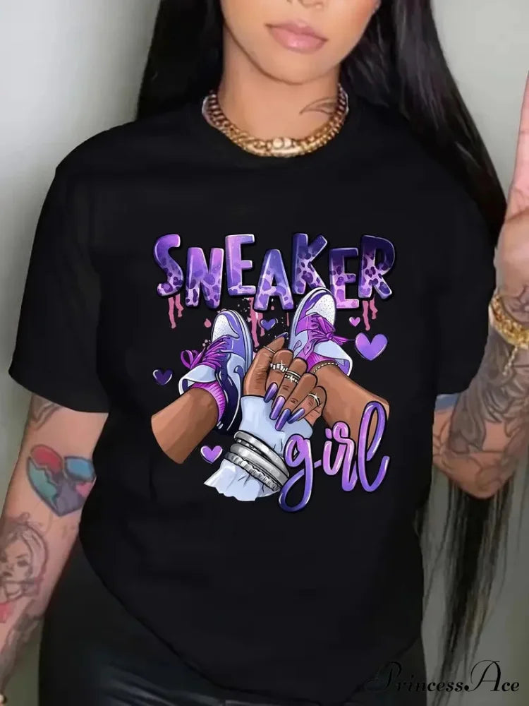 Size Sneaker Girl Graphic Print Casual Short Sleeve Crew Neck Women’s Clothing T-shirt BLACK / L