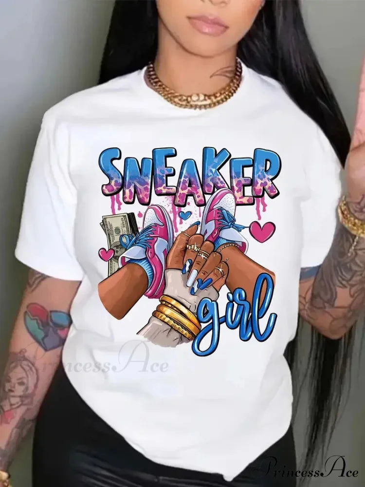 Size Sneaker Girl Graphic Print Casual Short Sleeve Crew Neck Women’s Clothing T-shirt WHITE / L