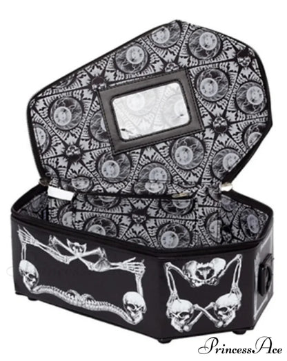 Skeleton Coffin Gothic Bat Black PU Leather Crossbody Bag WHITE