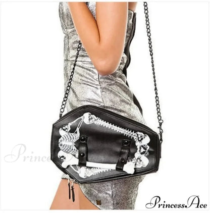 Skeleton Coffin Gothic Bat Black PU Leather Crossbody Bag WHITE