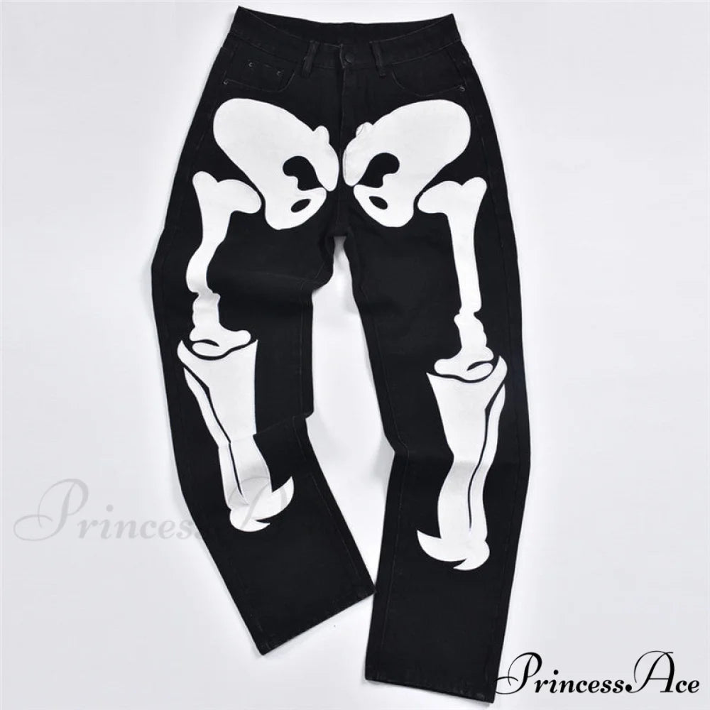 Skeleton Patterned Low Rise Jeans Black / S