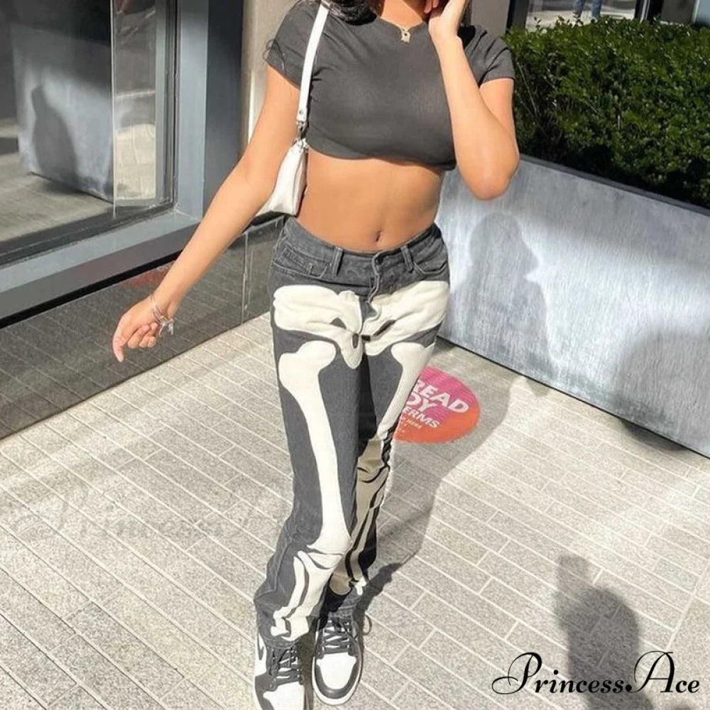 Skeleton Patterned Low Rise Jeans Gray / S