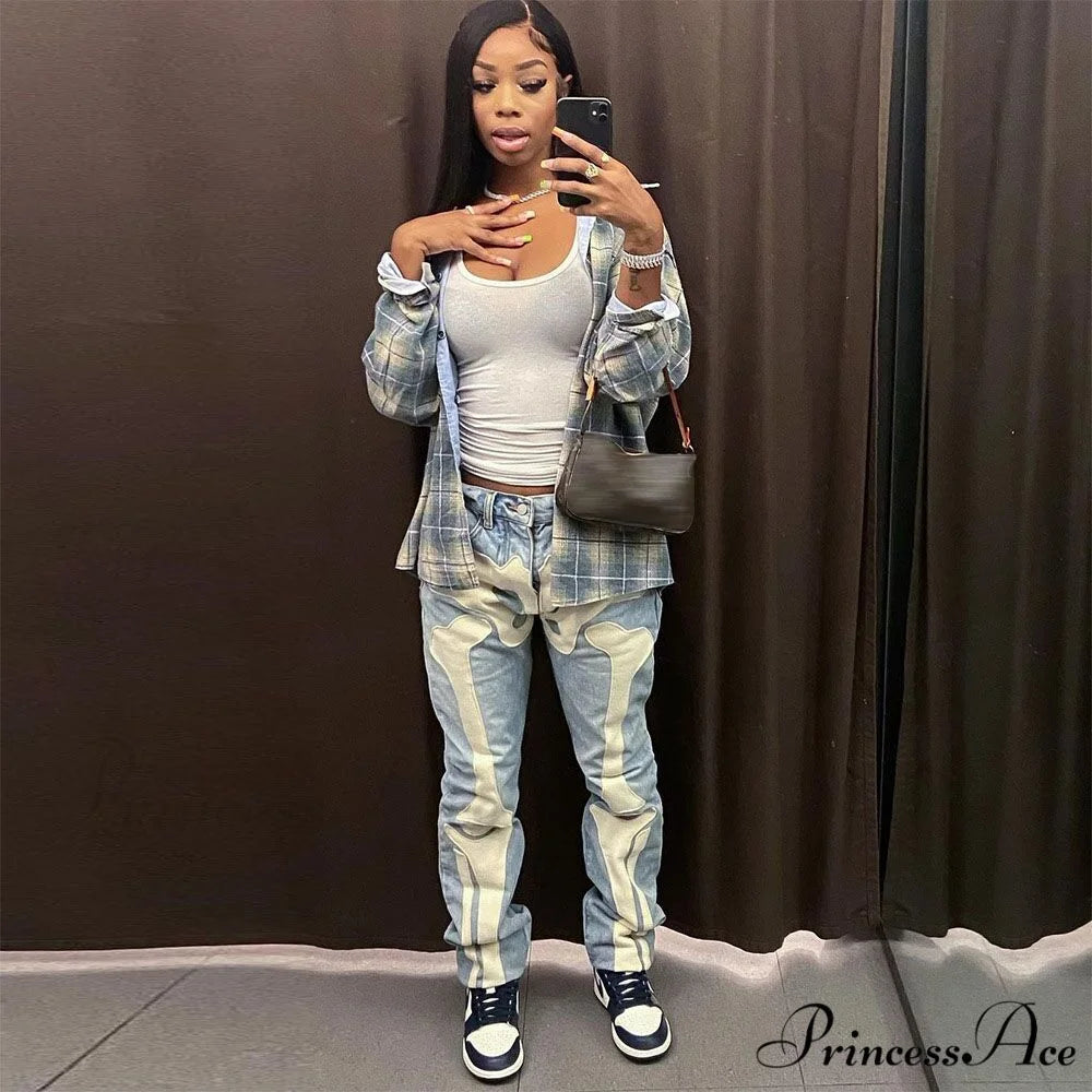 Skeleton Patterned Low Rise Jeans Sky Blue / S