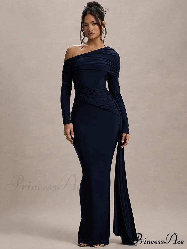 Skew Collar Long Sleeve Maxi Party Dress