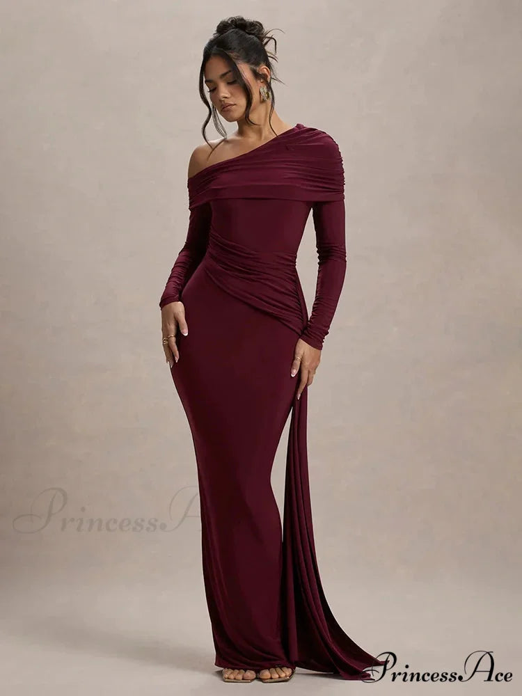 Skew Collar Long Sleeve Maxi Party Dress Burgundy / S
