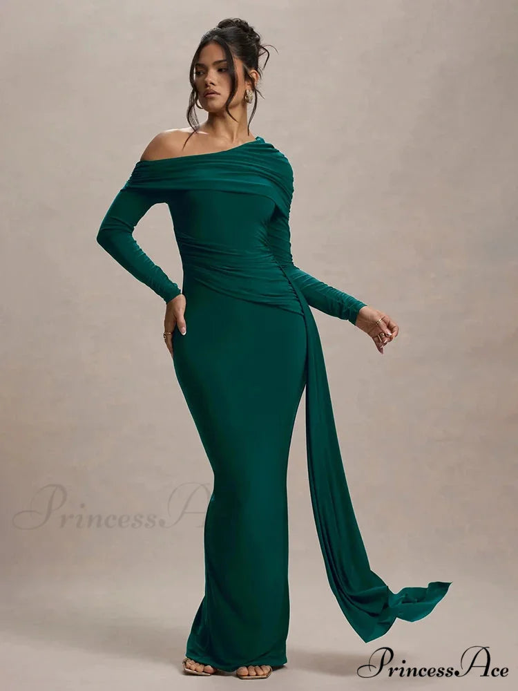 Skew Collar Long Sleeve Maxi Party Dress Green / S