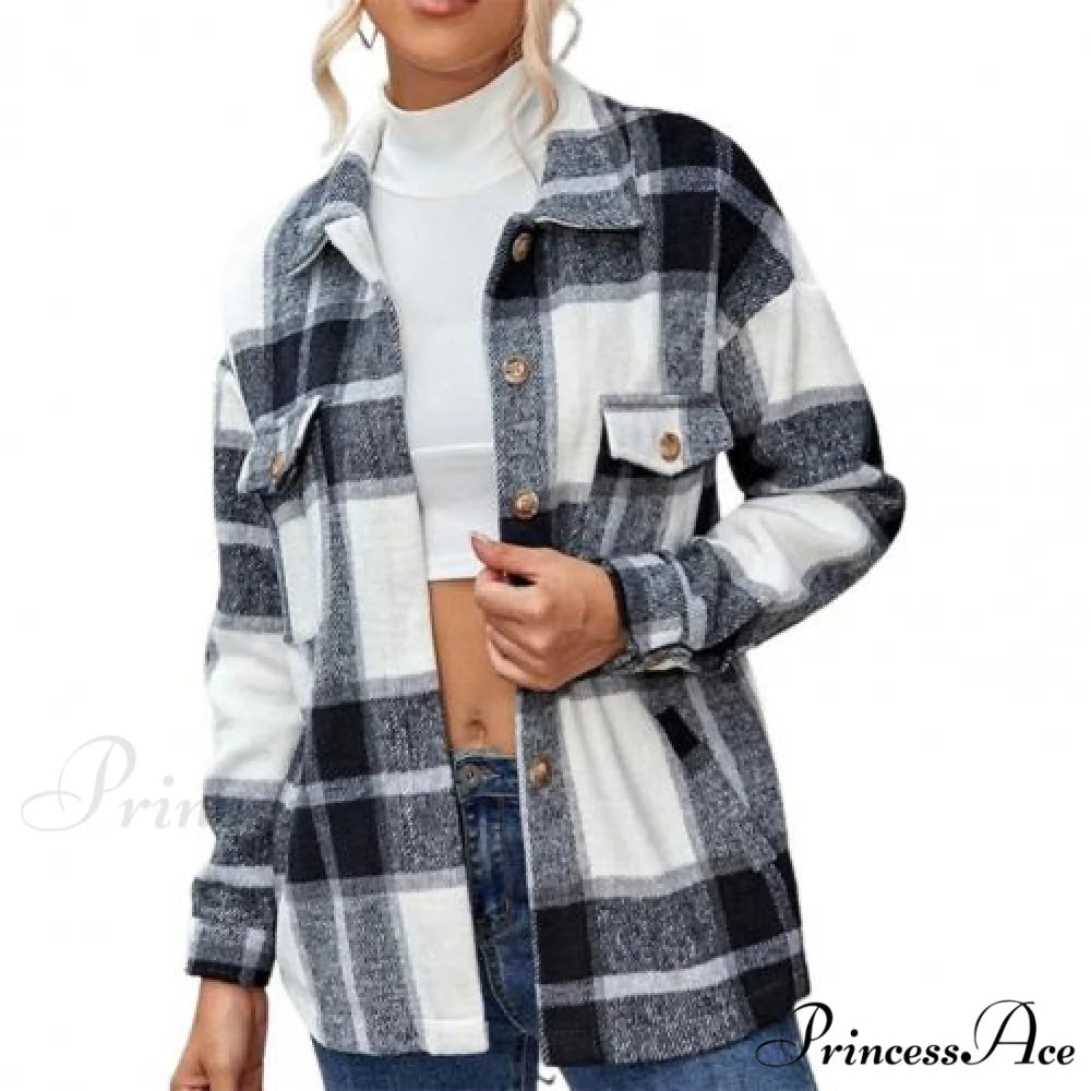 Skin-Touch Winter Thick Trendy Plaid Print Buttons Casual Coat Black White / M