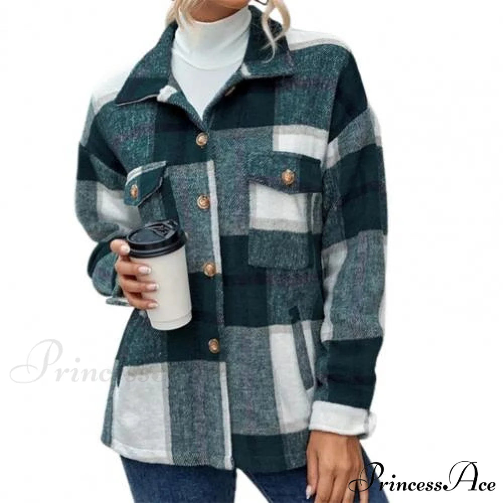 Skin-Touch Winter Thick Trendy Plaid Print Buttons Casual Coat Green / M