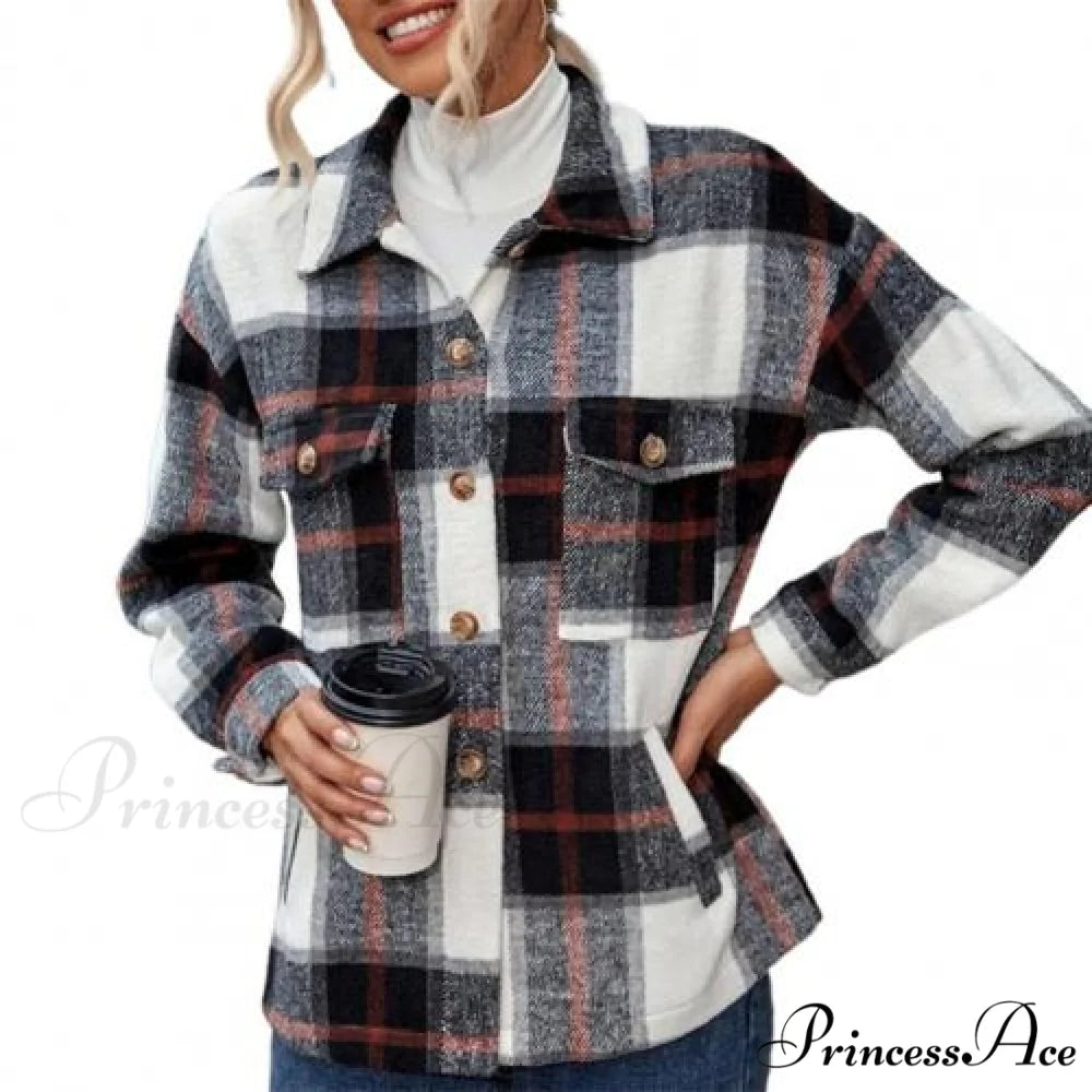 Skin-Touch Winter Thick Trendy Plaid Print Buttons Casual Coat Grey / M