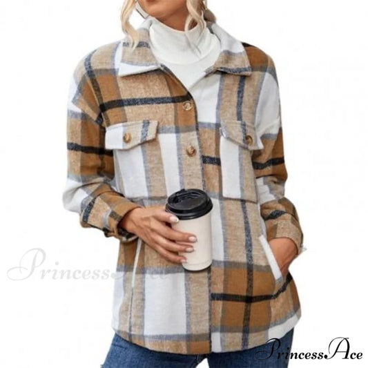 Skin-Touch Winter Thick Trendy Plaid Print Buttons Casual Coat Khaki / M