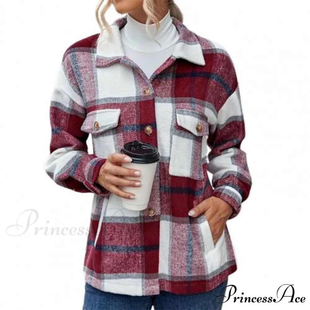 Skin-Touch Winter Thick Trendy Plaid Print Buttons Casual Coat Red / M