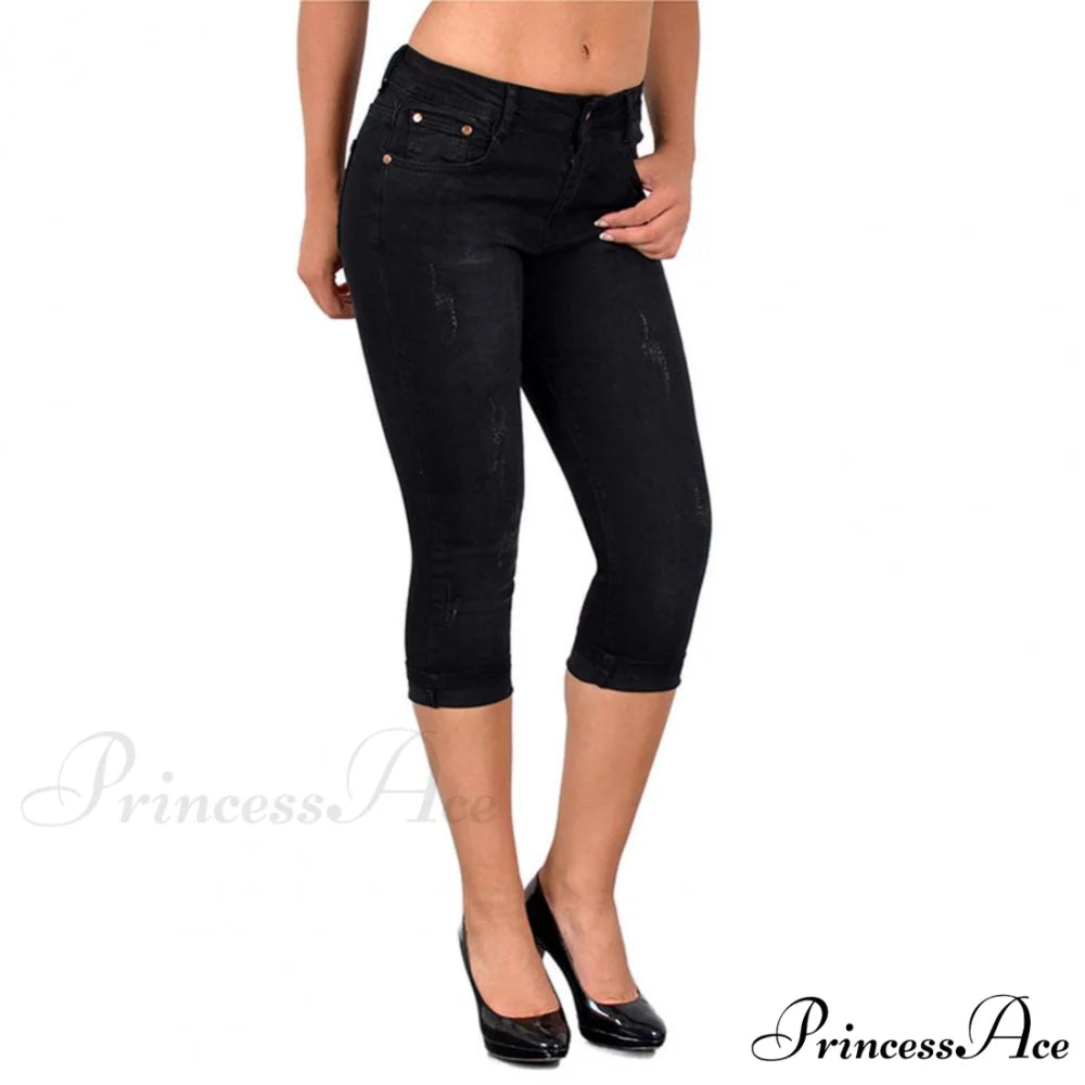 Skinny High Waist Cropped Denim Capri Pants Black / M