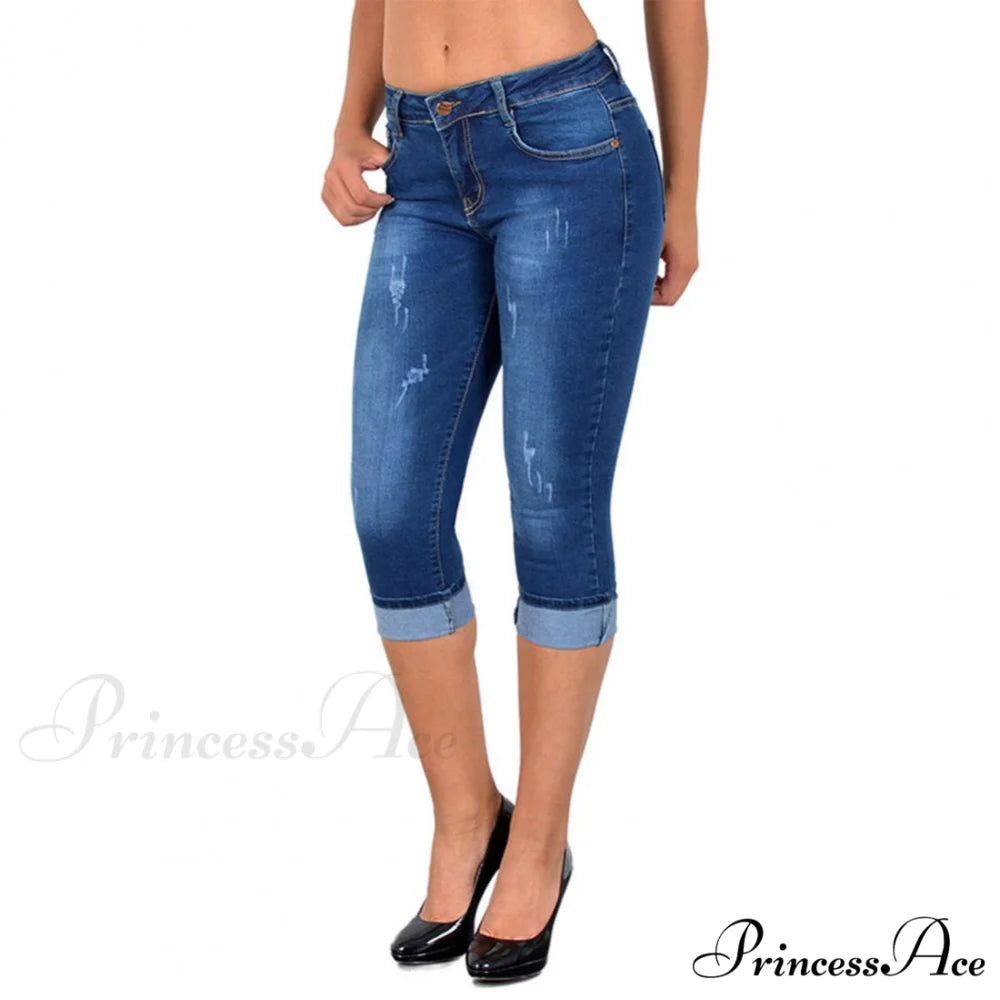 Skinny High Waist Cropped Denim Capri Pants Blue / M