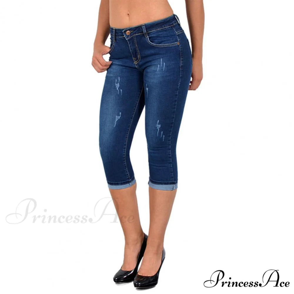 Skinny High Waist Cropped Denim Capri Pants Dark Blue / M