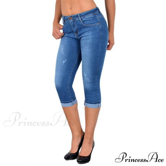 Skinny High Waist Cropped Denim Capri Pants Light Blue / M