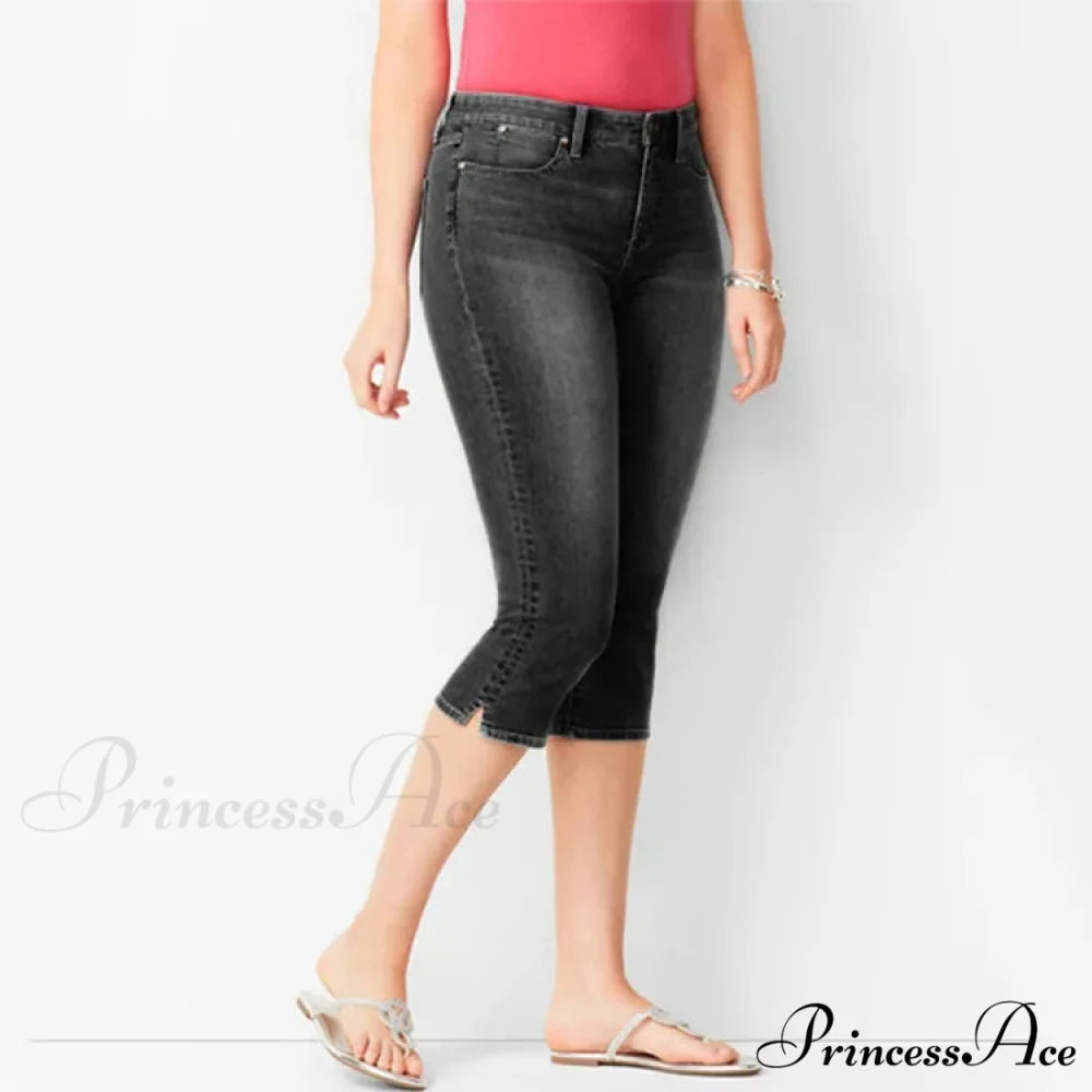 Skinny Knee Length Woman’s Cropped Trousers Women Elastic High Waist Mom Oversize Blue Denim Pants Ladies Jean Black