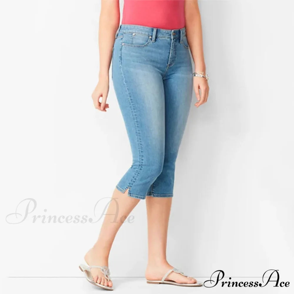 Skinny Knee Length Woman’s Cropped Trousers Women Elastic High Waist Mom Oversize Blue Denim Pants Ladies Jean Light