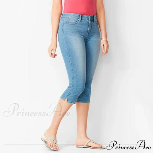 Skinny Knee Length Woman’s Cropped Trousers Women Elastic High Waist Mom Oversize Blue Denim Pants Ladies Jean Light