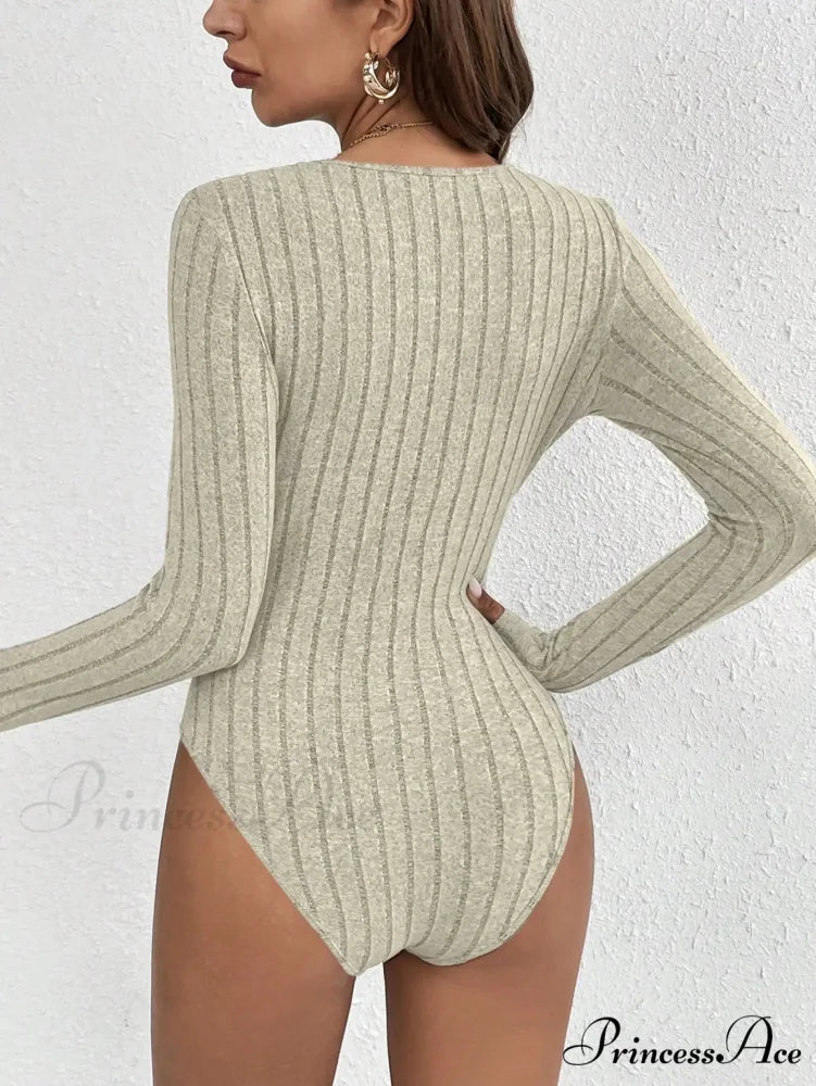 Skinny Monochromatic Plunging Neckline Lace Bodysuit Women knittop-250126