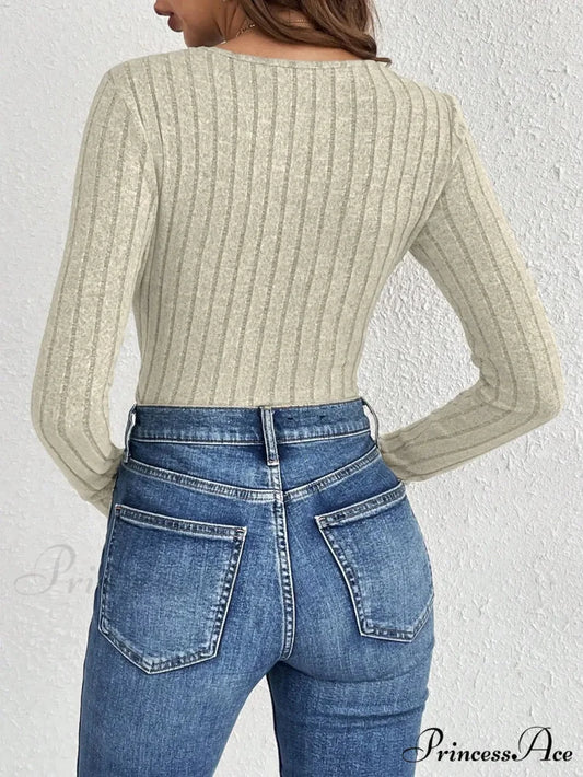 Skinny Monochromatic Plunging Neckline Lace Bodysuit Women knittop-250126