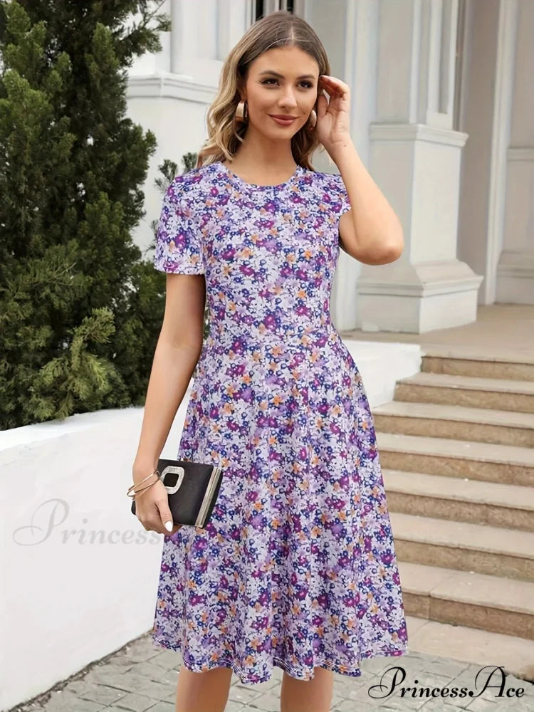 Skinny Waist Flower Pattern Summer Circular Neck Dress Lavender / S oldfloraldress-250126