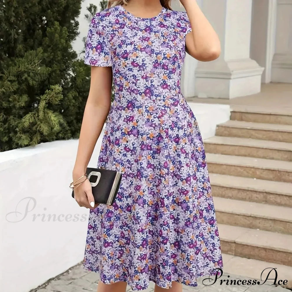 Skinny Waist Flower Pattern Summer Circular Neck Dress oldfloraldress-250126
