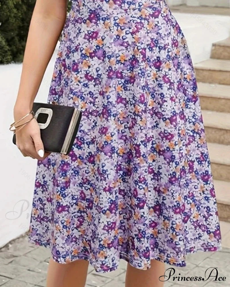 Skinny Waist Flower Pattern Summer Circular Neck Dress oldfloraldress-250126