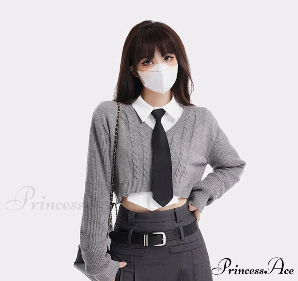 Skirt Harajuku Set White Cardigan Vintage 3-Piece A-line Women’s - Grey Shirt Only Cardigan / S