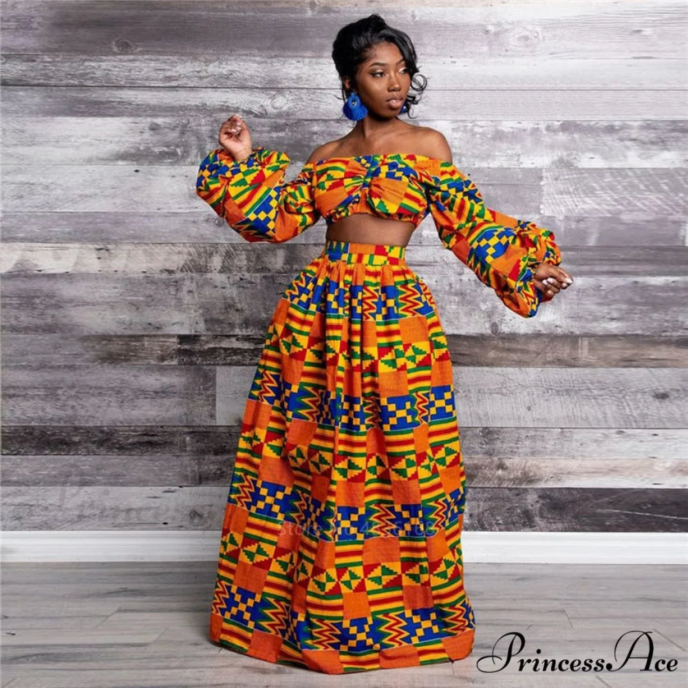 Skirt Top Vintage Africa and Elegant Women High Slit Piece Slash-neck with featuring Blouse Gown Sleeveless National