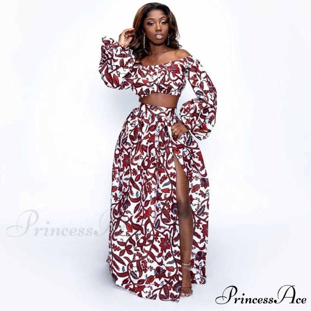 Skirt Top Vintage Africa and Elegant Women High Slit Piece Slash-neck with featuring Blouse Gown Sleeveless National
