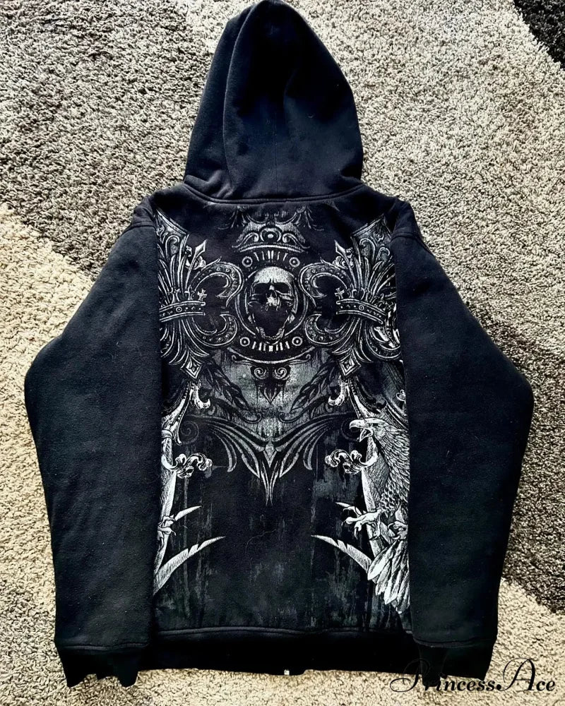 Skull Pattern Zipper Informal Hoodie black 4 / S hoodies-241228